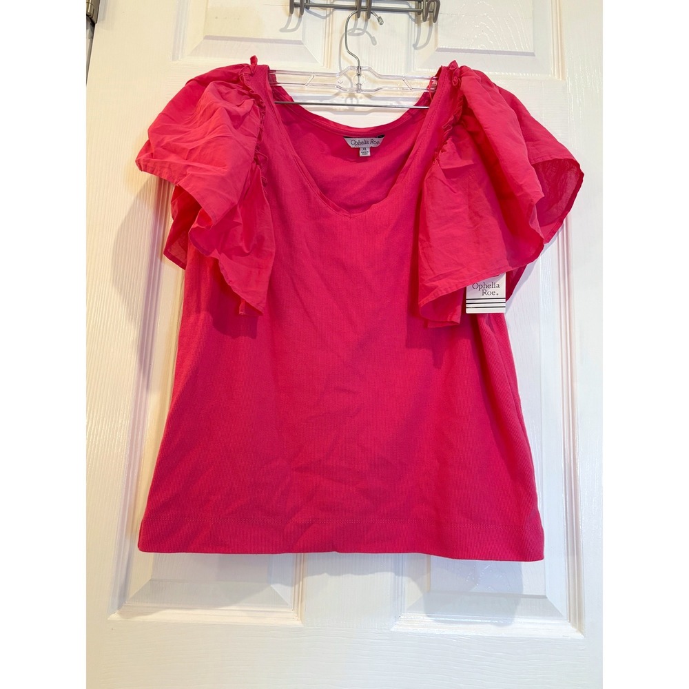 Ophelia Roe Pink V-Neck Ruffle Sleeve Knit Top Women's XL Extra Large Casual‎